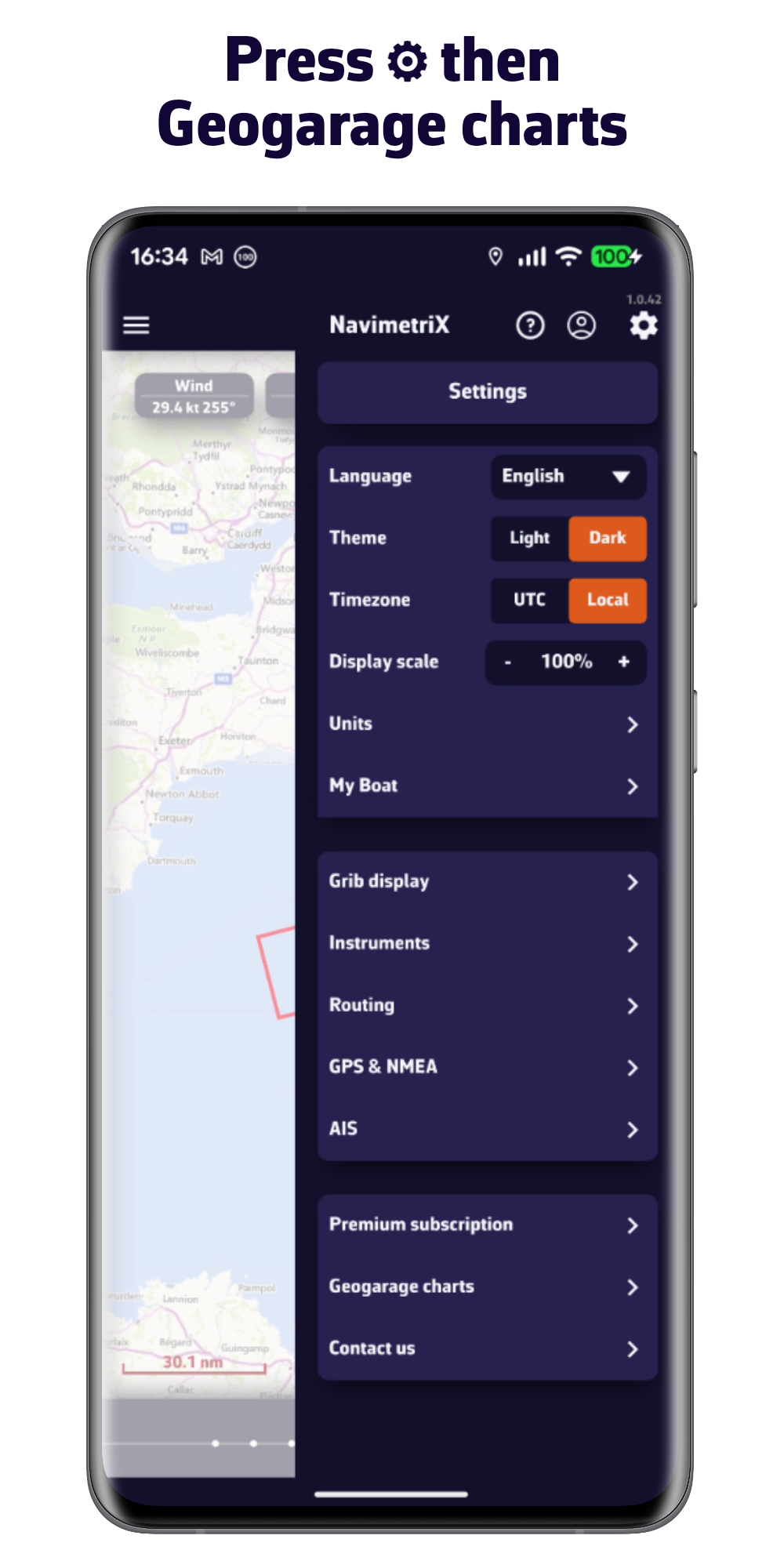 Press Settings then Geogarage Charts