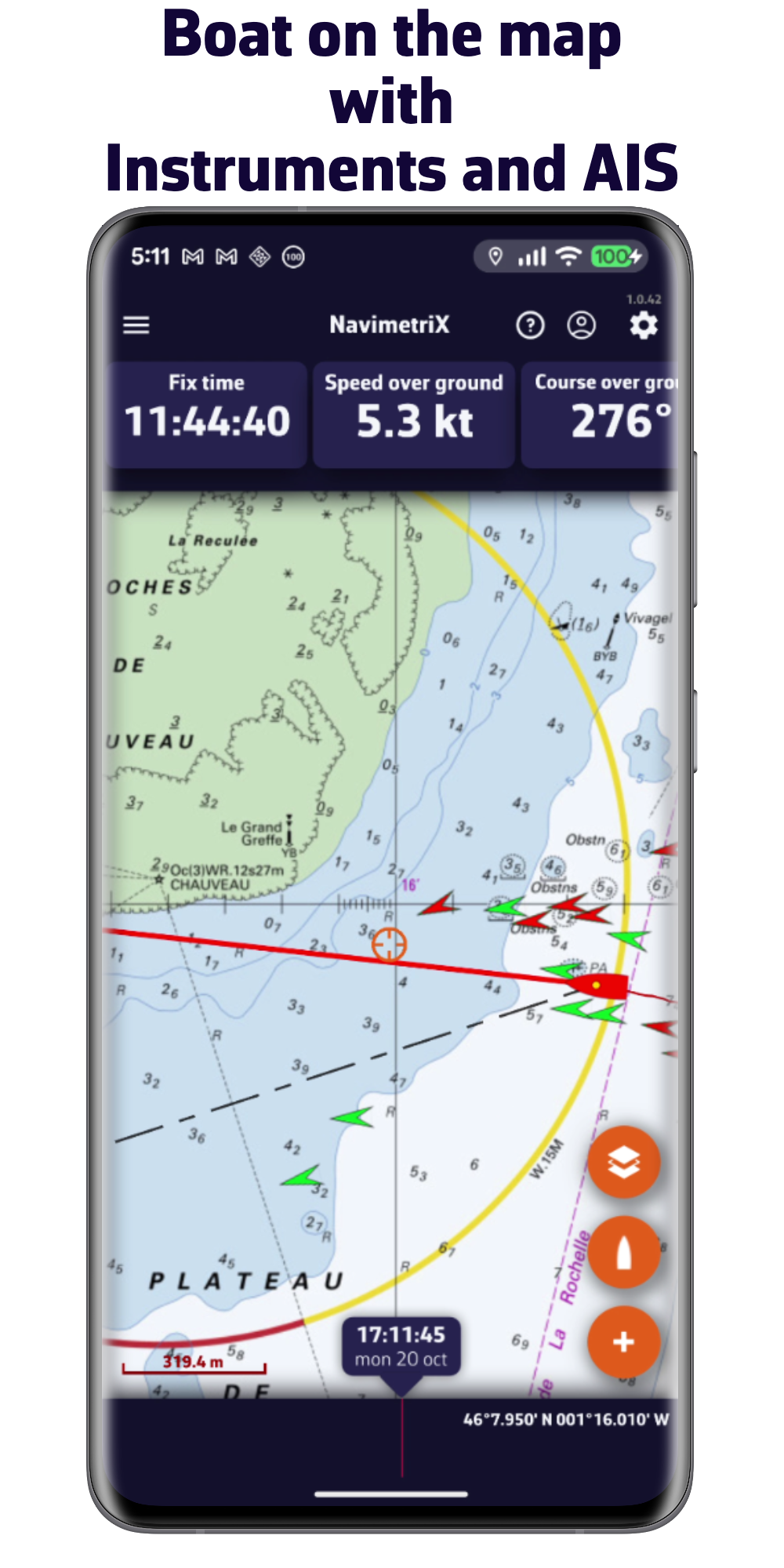 Boat on the map with Instruments and AIS