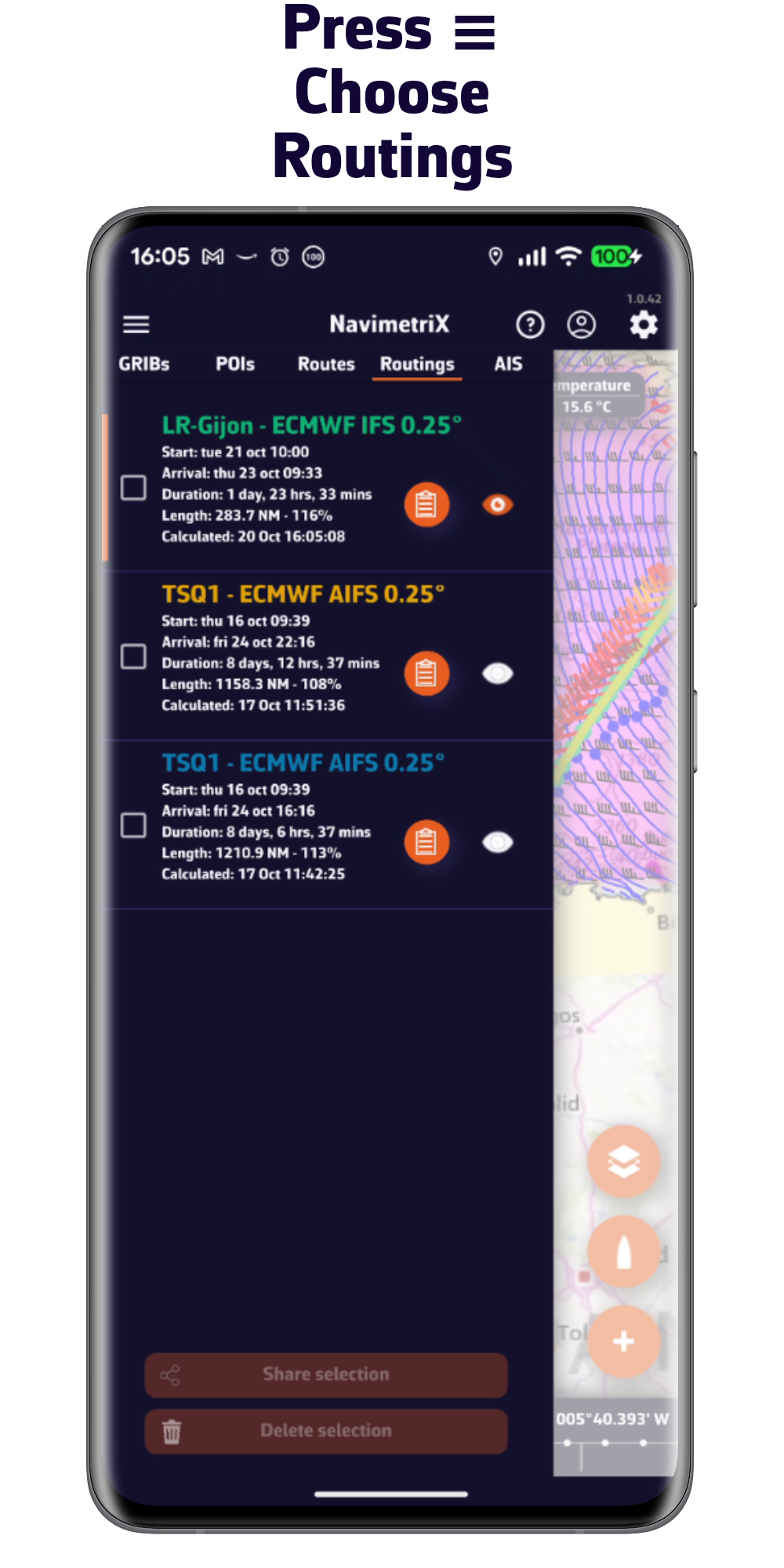 Press the hamburger menu. Choose Routings