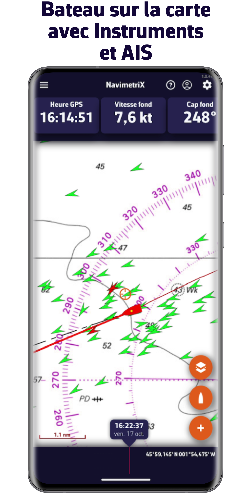 Bateau sur la carte avec Instruments et AIS