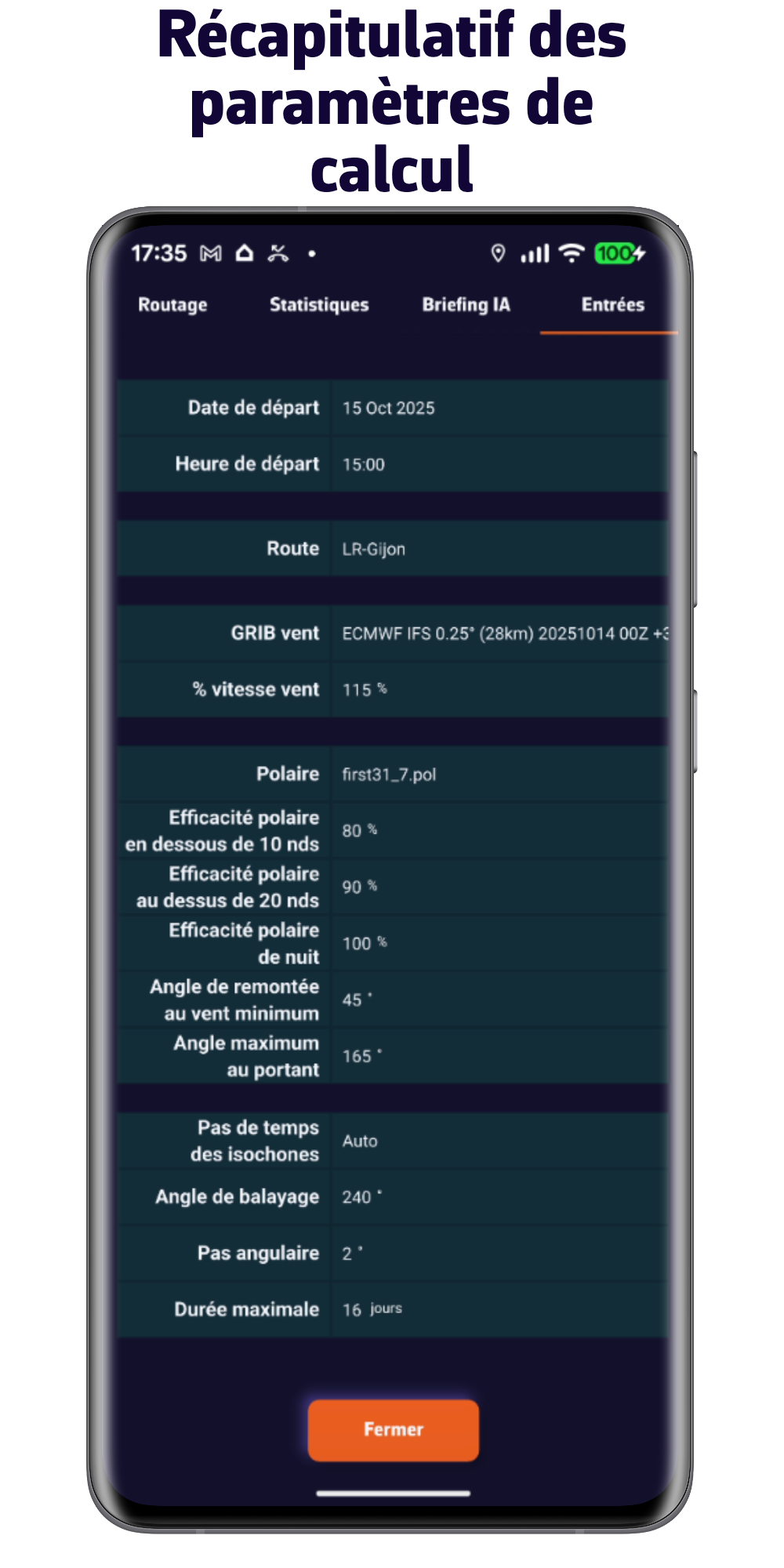 Récapitulatif des paramètres de calcul