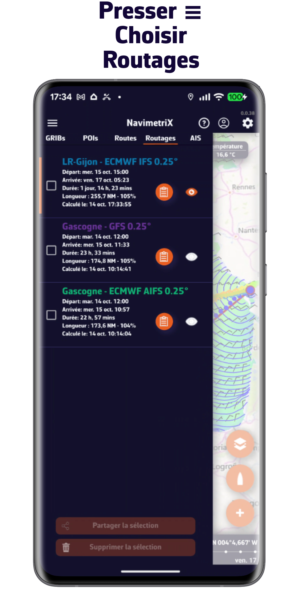 Presser le menu hamburger. Choisir Routages